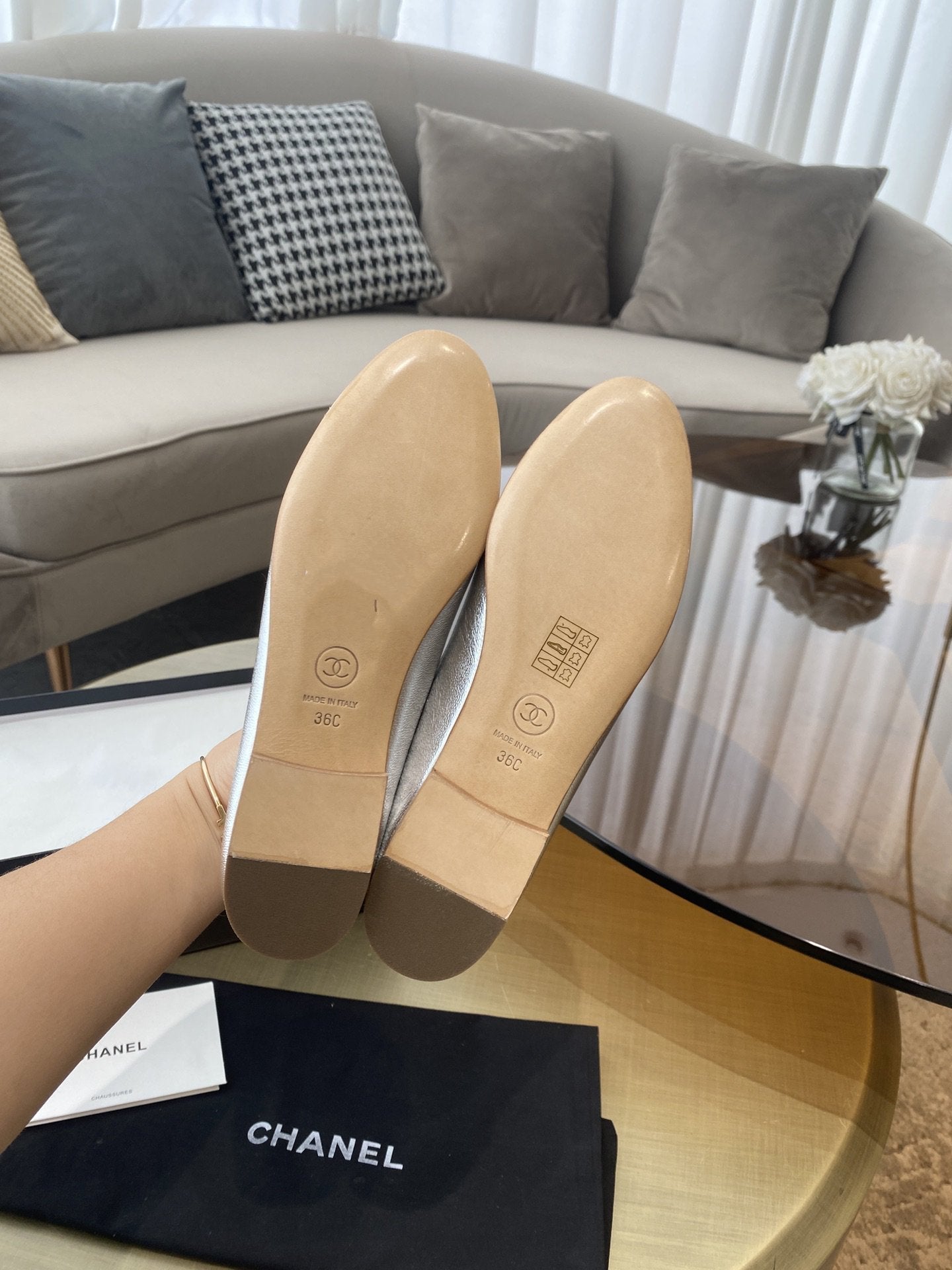CHANEL BALLET FLATS SILVER LAMBSKIN