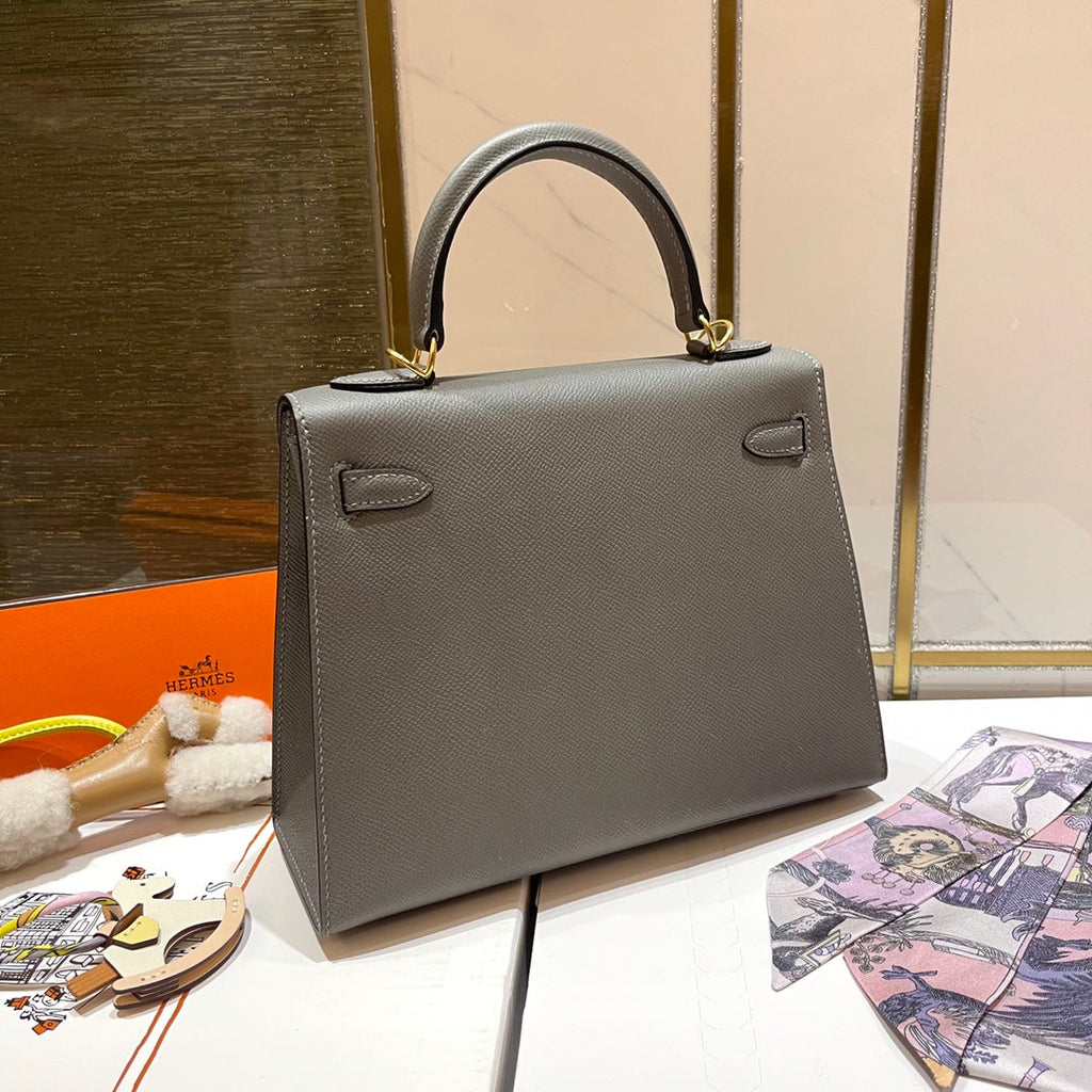 HERMES KELLY 25CM GRIS MOUETTE EPSOM LEATHER GOLD HARDWARE