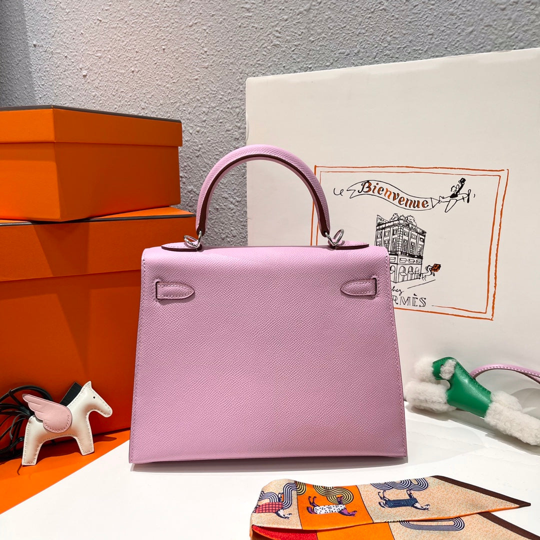 HERMES KELLY 25CM PINK EPSOM LEATHER SILVER HARDWARE