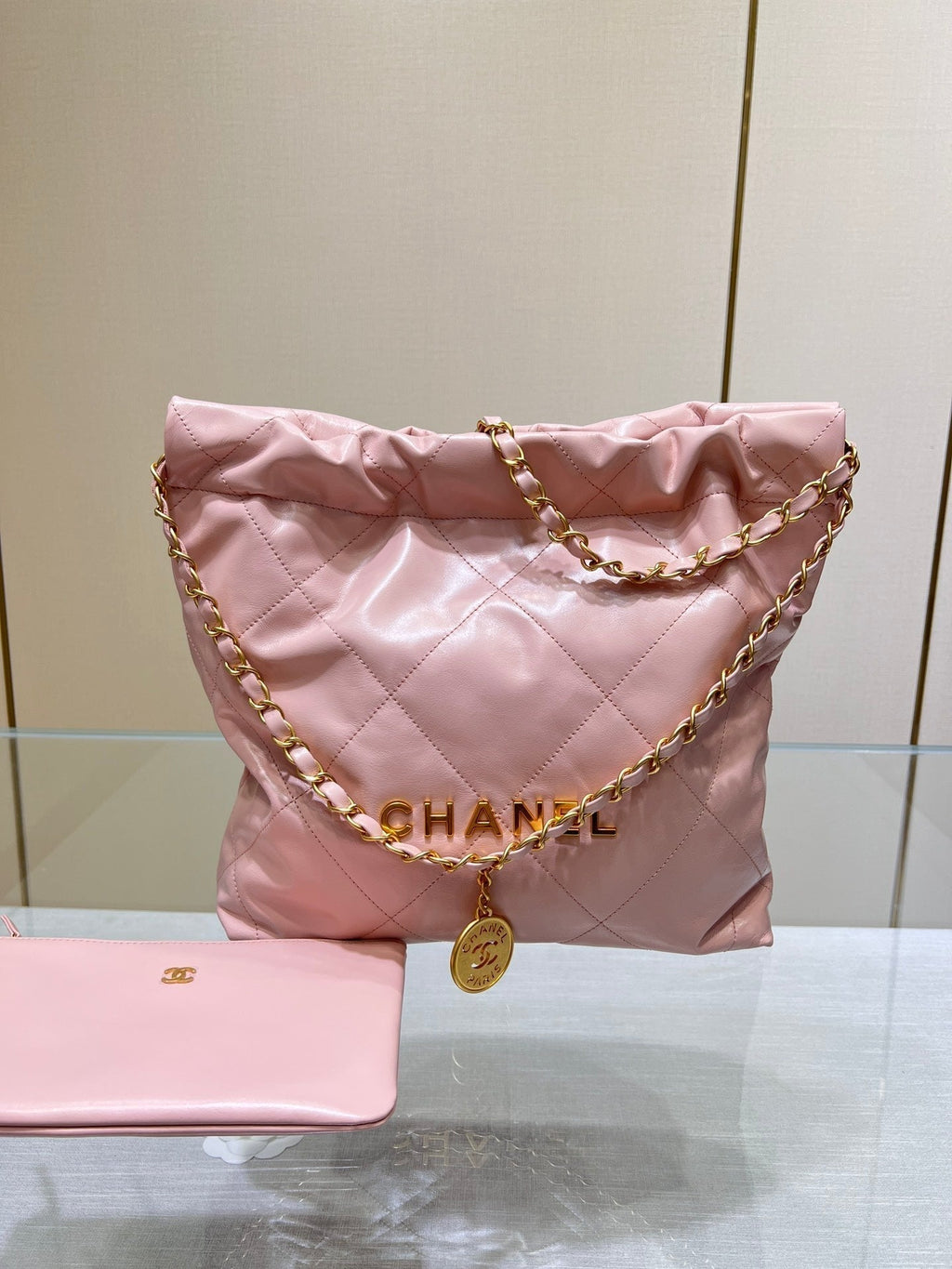 CHANEL HOBO BAG 22 PINK LAMBSKIN GOLD HARDWARE