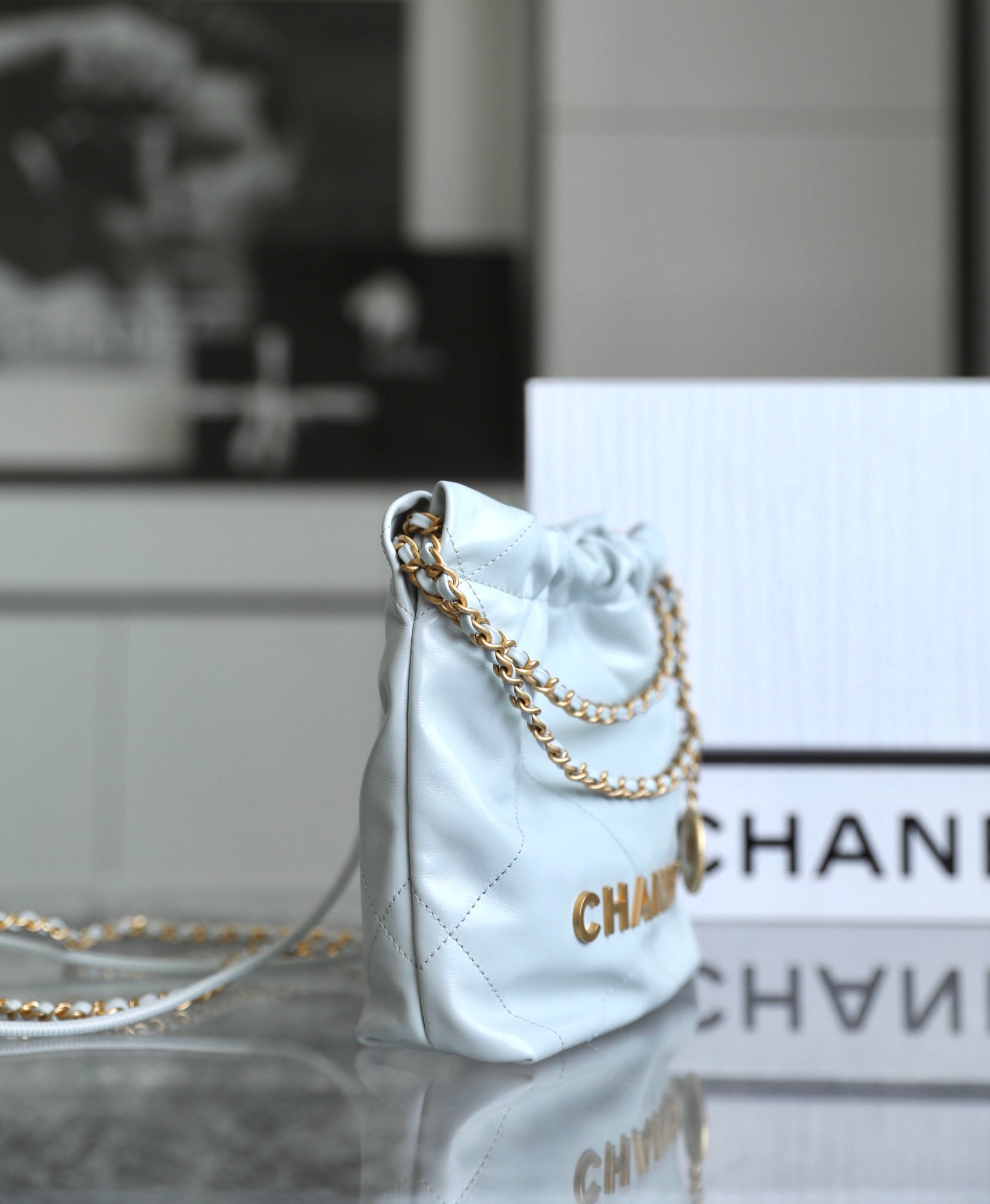 CHANEL 22 ANTIBA HOBO BAG LIGHT BLUE 20CM