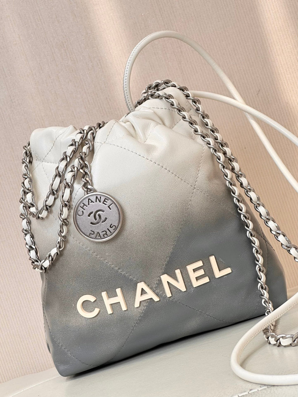 CHANEL HOBO MINI 20CM WHITE GREY LAMBSKIN SILVER HARDWARE