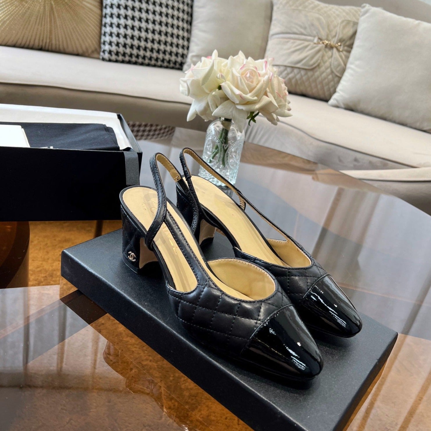 CHANEL high slingbacks black quilted lambskin