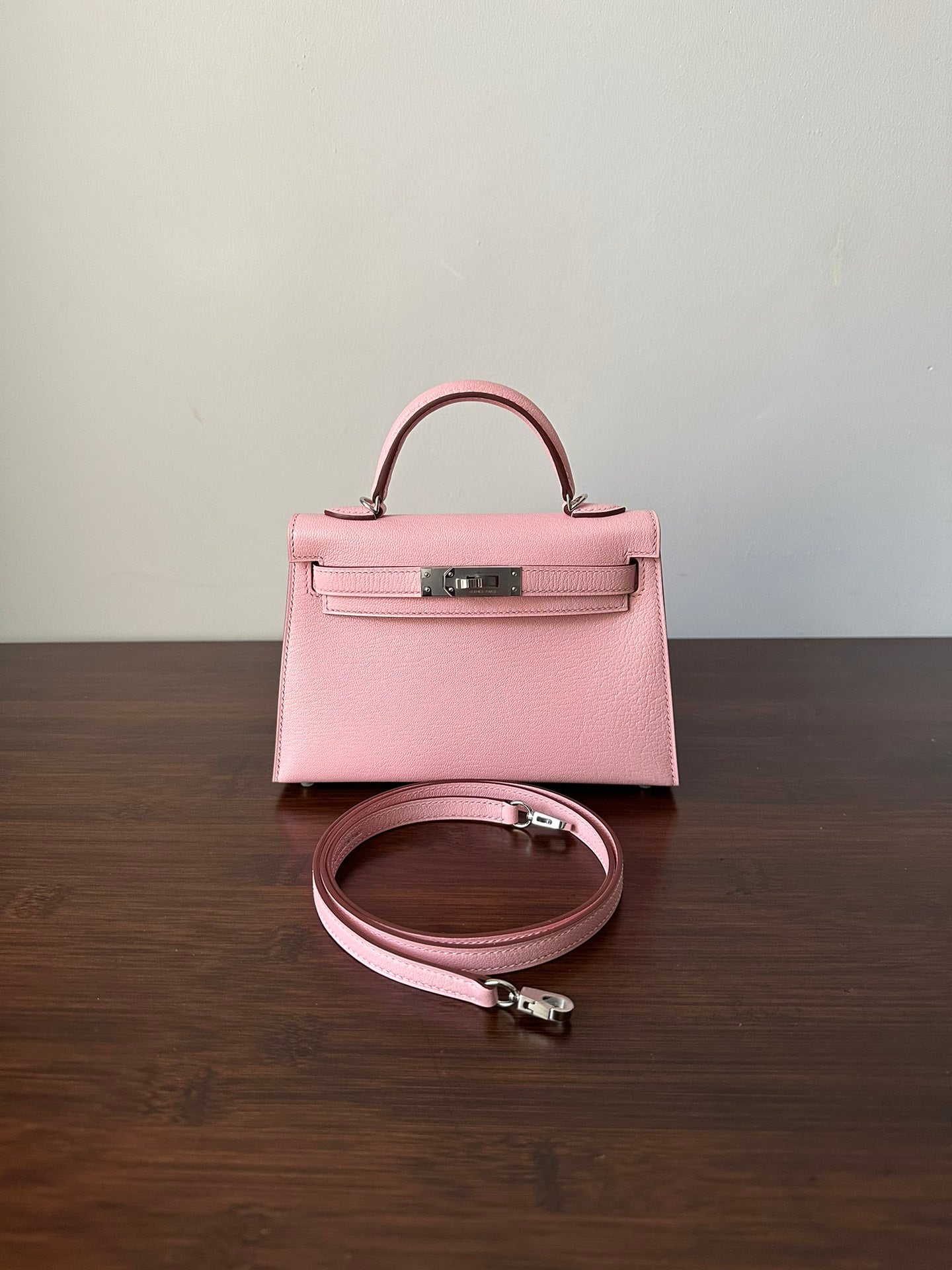 HERMES KELLY MINI 19 PINK CHEVRE SILVER HARDWARE
