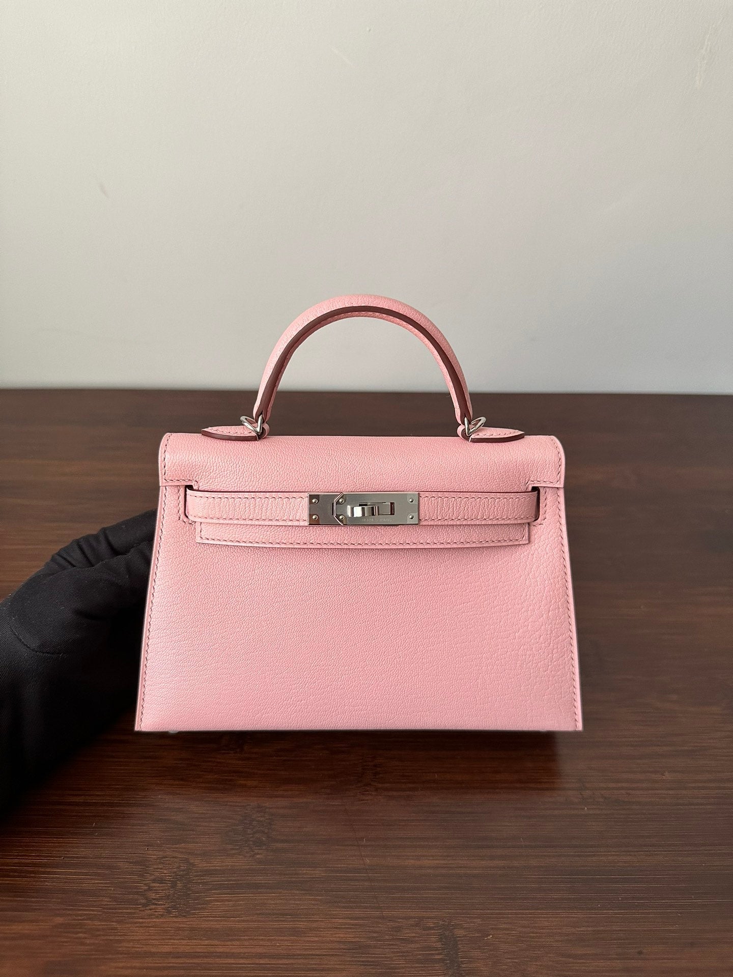 HERMES KELLY MINI 19 PINK CHEVRE SILVER HARDWARE