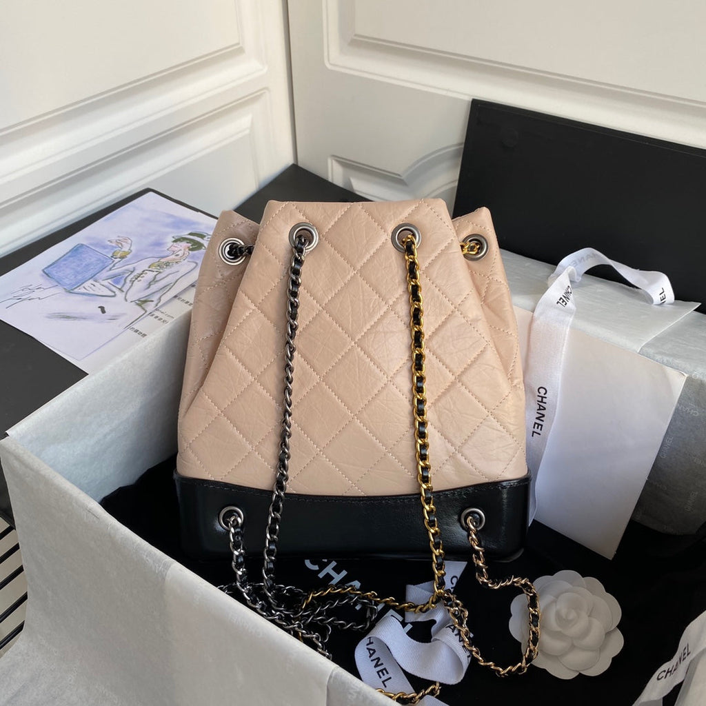 CHANEL GRABRIELLE SMALL 24 BACKPACK IN ALMOND BEIGE MIX BLACK CALFSKIN