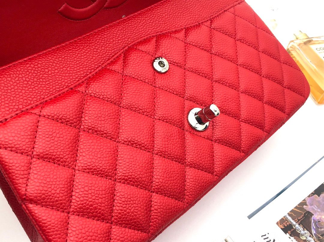 CHANEL FLAP BAG MEDIUM 25CM RED CAVIAR SILVER HARDWARE