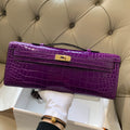 HERMES KELLY CUT 31 IN VIOLET PURPLE ALLIGATOR LEATHER WITH GOLD HARDWARE