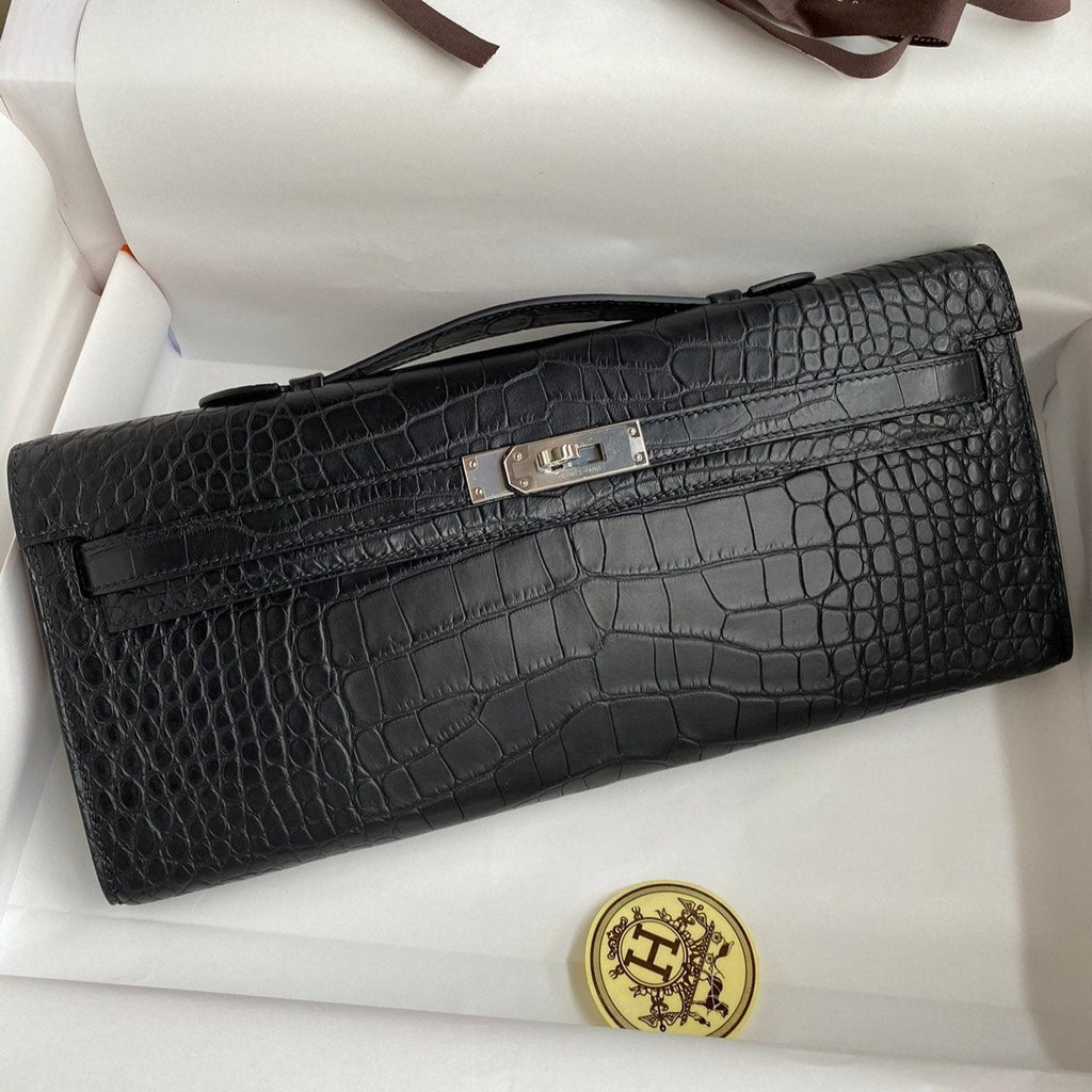 HERMES KELLY CUT 31 IN BLACK ALLIGATOR LEATHER WITH SILVER HARDWARE