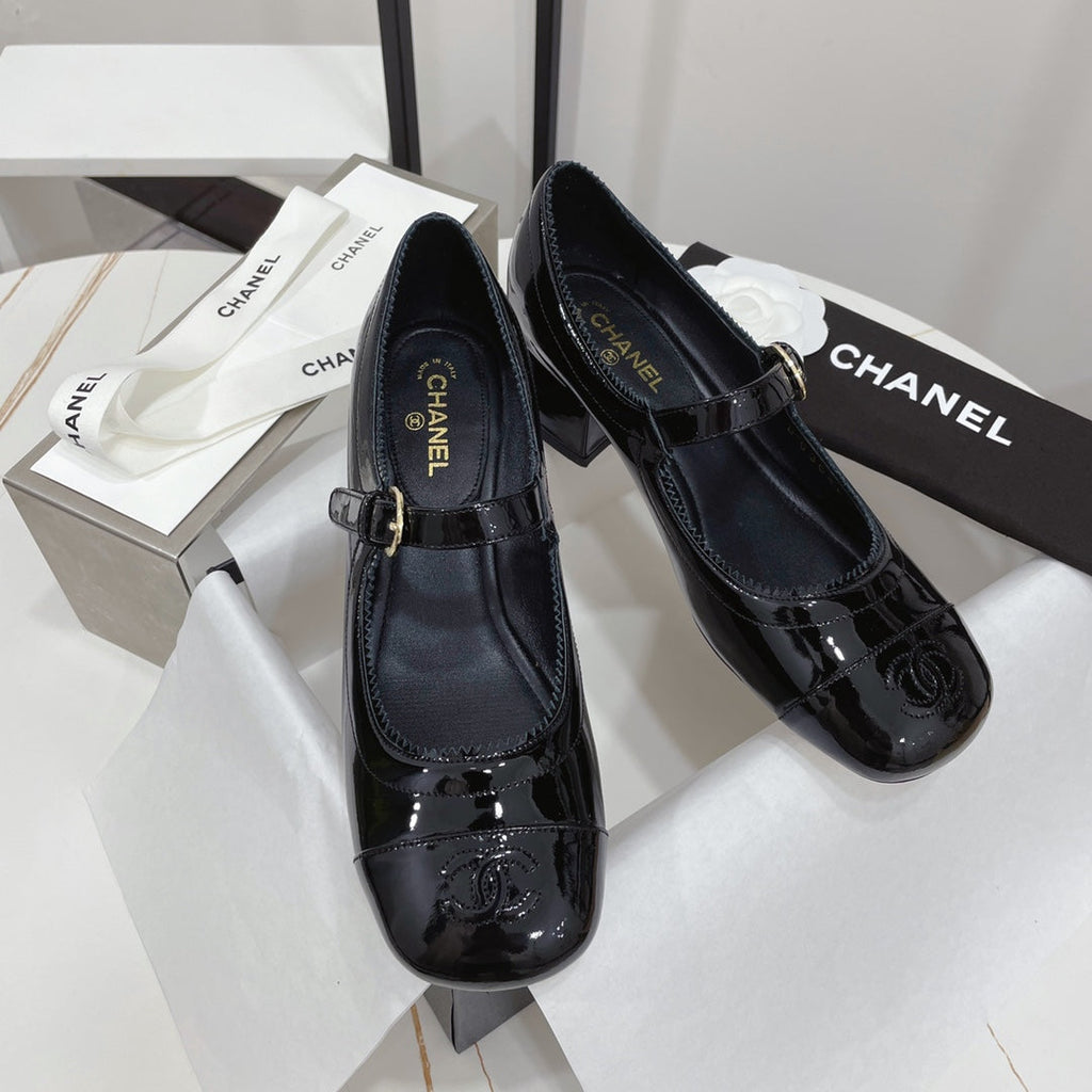 CHANEL MARY JANE BLOCK HEEL GLOSSY BLACK SHEEPSKIN