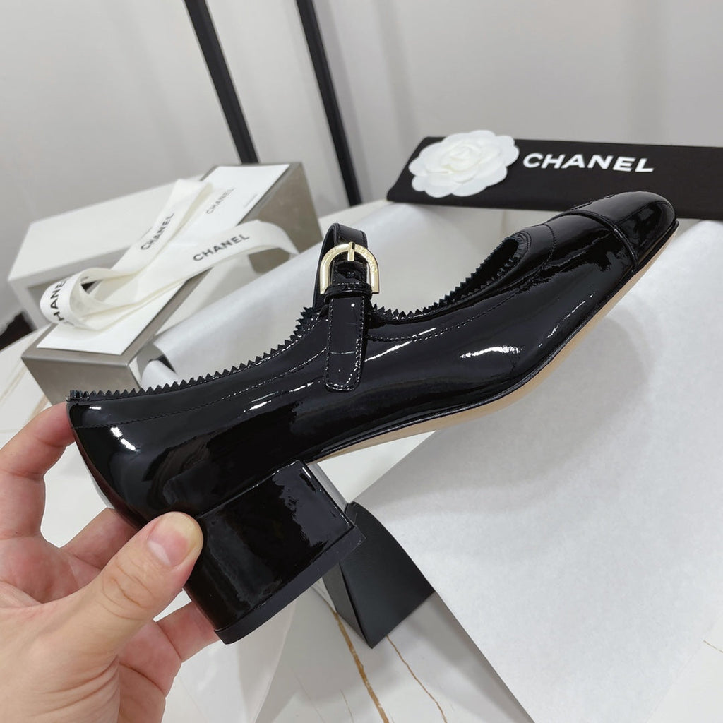 CHANEL MARY JANE BLOCK HEEL GLOSSY BLACK SHEEPSKIN