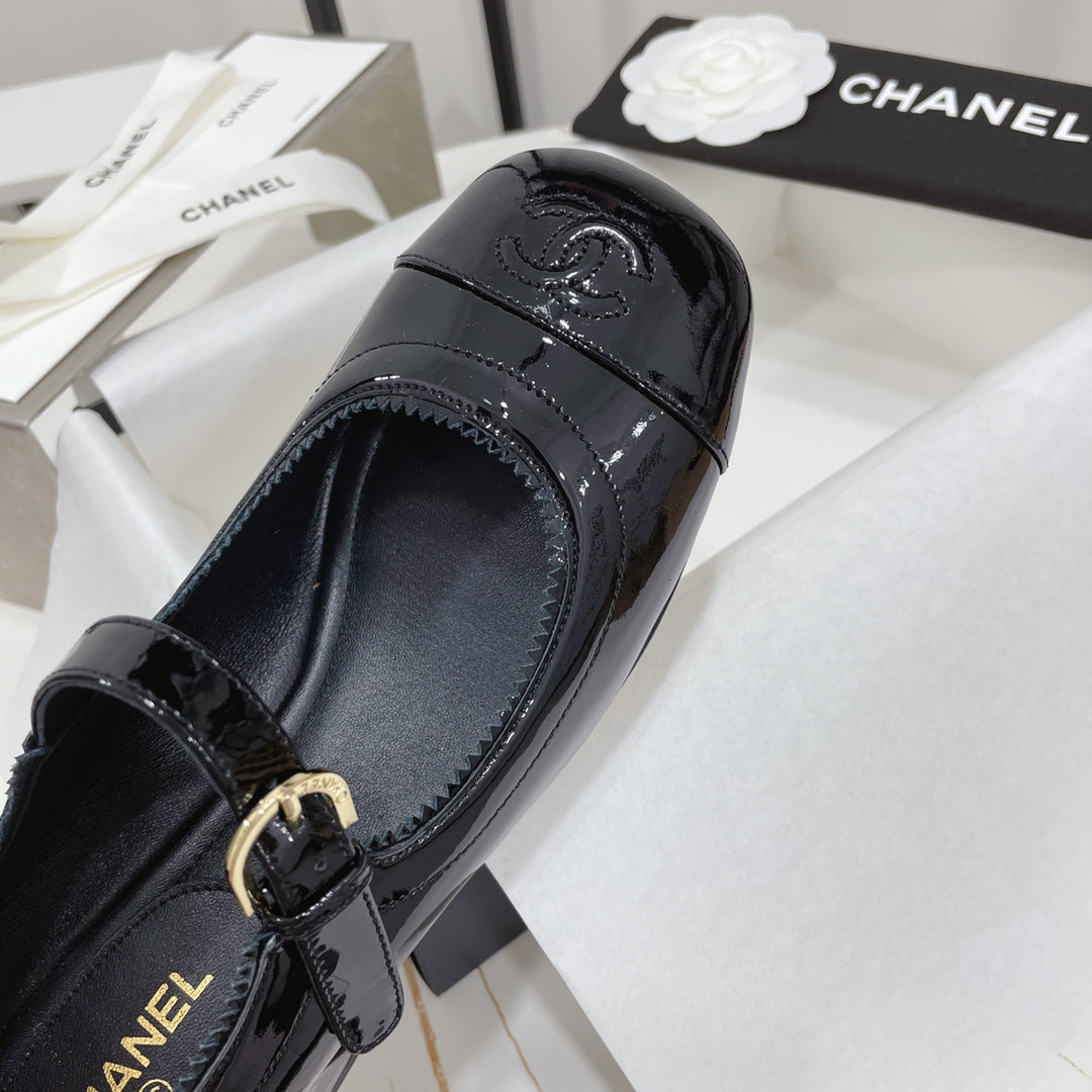 CHANEL MARY JANE BLOCK HEEL GLOSSY BLACK SHEEPSKIN