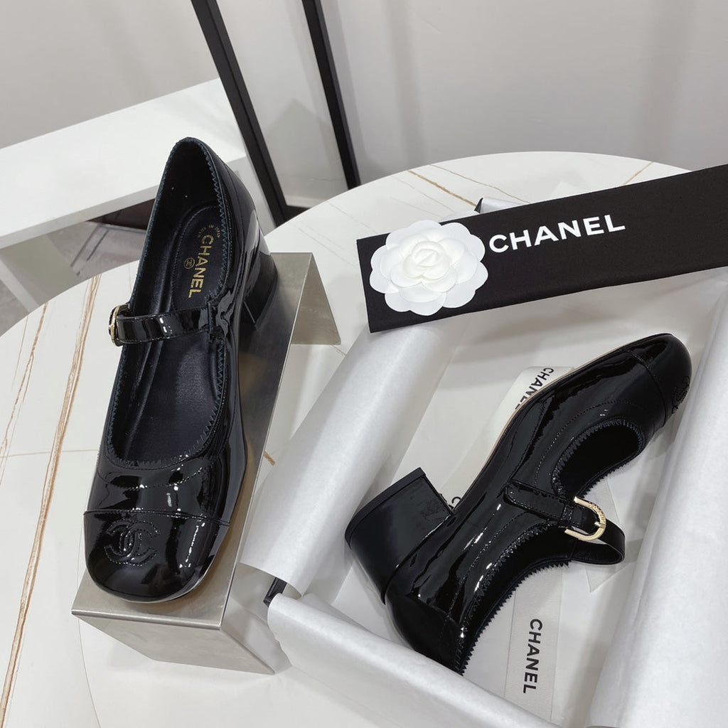 CHANEL MARY JANE BLOCK HEEL GLOSSY BLACK SHEEPSKIN