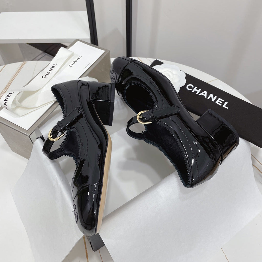 CHANEL MARY JANE BLOCK HEEL GLOSSY BLACK SHEEPSKIN