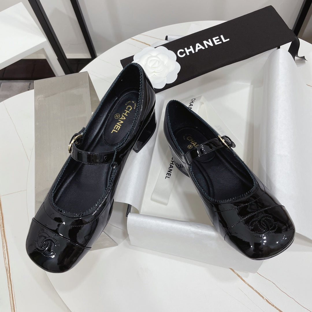 CHANEL MARY JANE BLOCK HEEL GLOSSY BLACK SHEEPSKIN