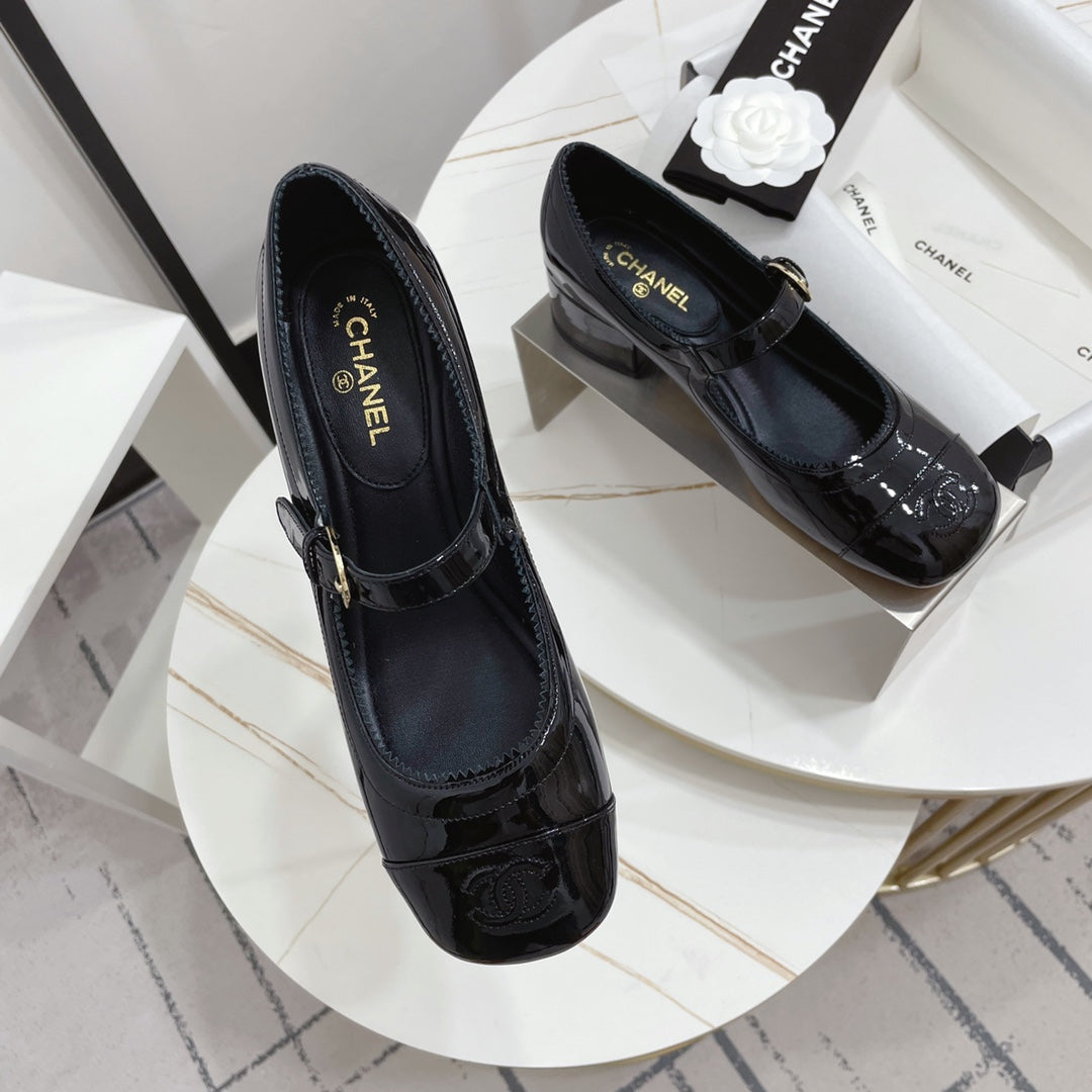 CHANEL MARY JANE BLOCK HEEL GLOSSY BLACK SHEEPSKIN