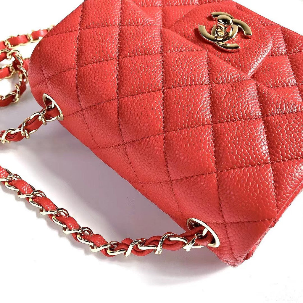 CHANEL MINI SQUARE FLAP BAG 17CM RED CAVIAR GOLD HARDWARE