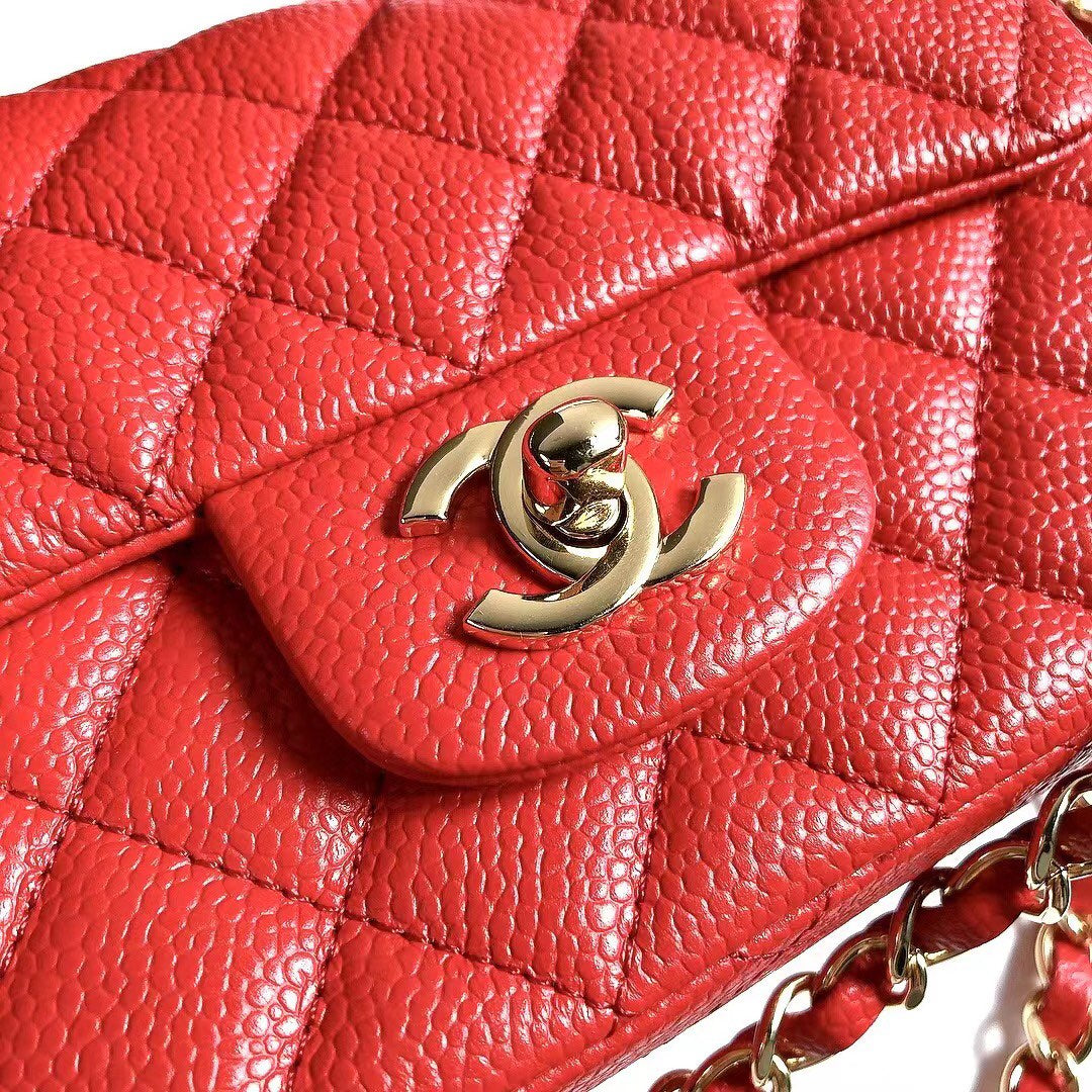 CHANEL MINI SQUARE FLAP BAG 17CM RED CAVIAR GOLD HARDWARE