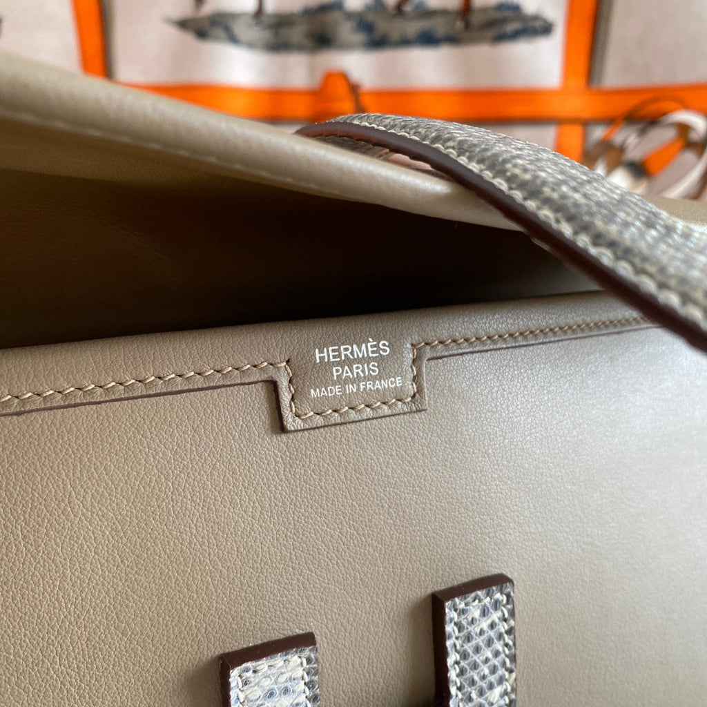 HERMES JIGE ELAN 29 CLUTCH IN CHOCOLATE BROWN CALFSKIN WITH WHTE LIZARD SKIN