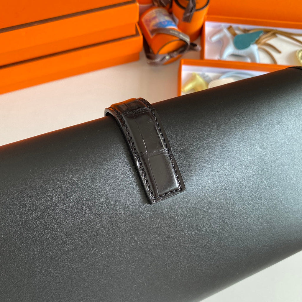 HERMES JIGE ELAN 29 CLUTCH IN BLACK CALFSKIN WITH LIZARD SKIN