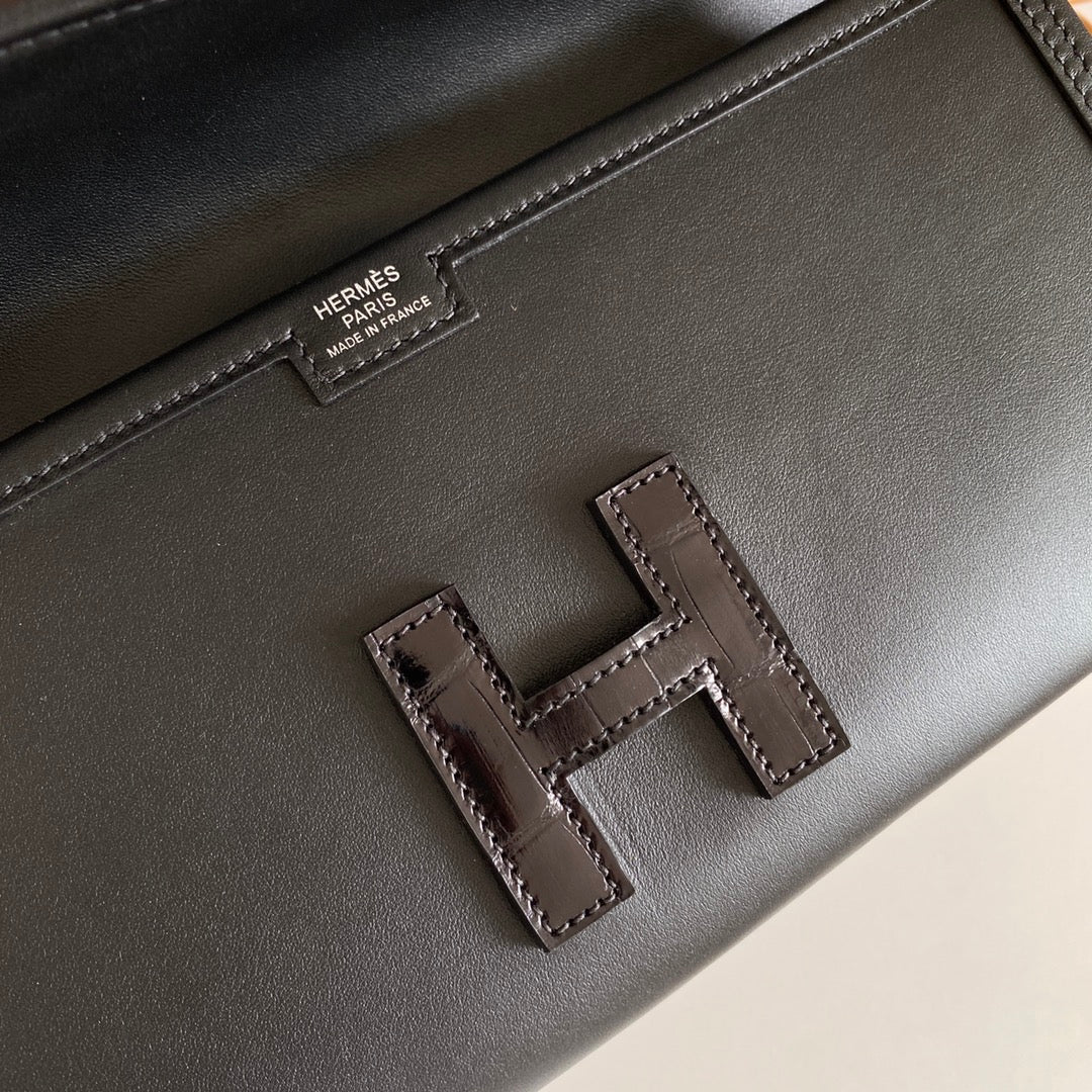 HERMES JIGE ELAN 29 CLUTCH IN BLACK CALFSKIN WITH LIZARD SKIN