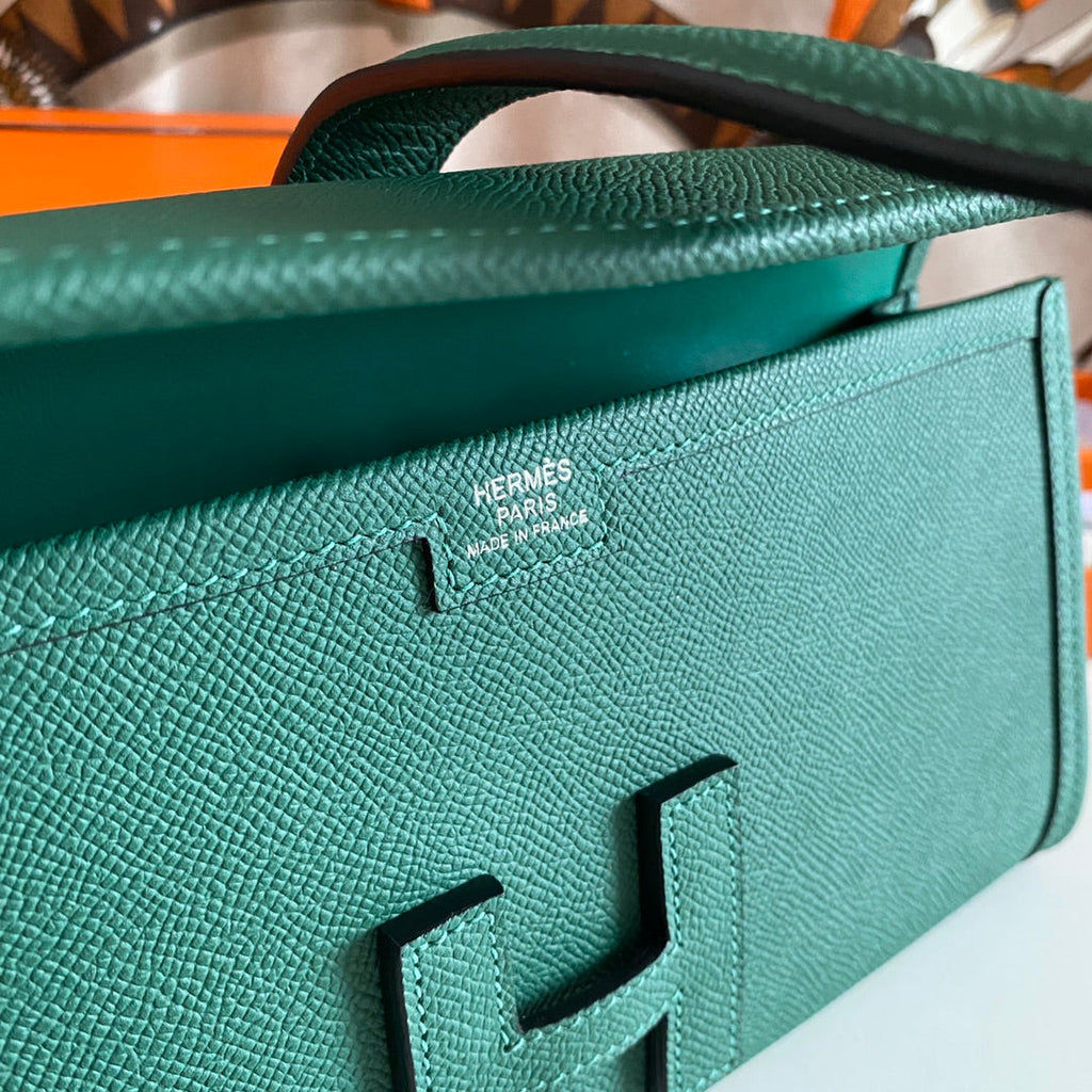 HERMES JIGE ELAN 29 CLUTCH IN FOREST GREEN CALFSKIN