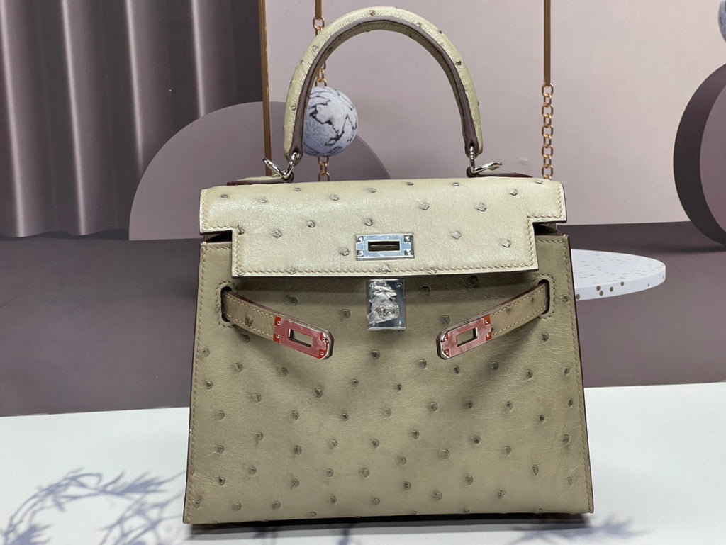 HERMES KELLY BAG 20 IN KHAKI TAN OSTRICH LEATHER WITH SILVER HARDWARE