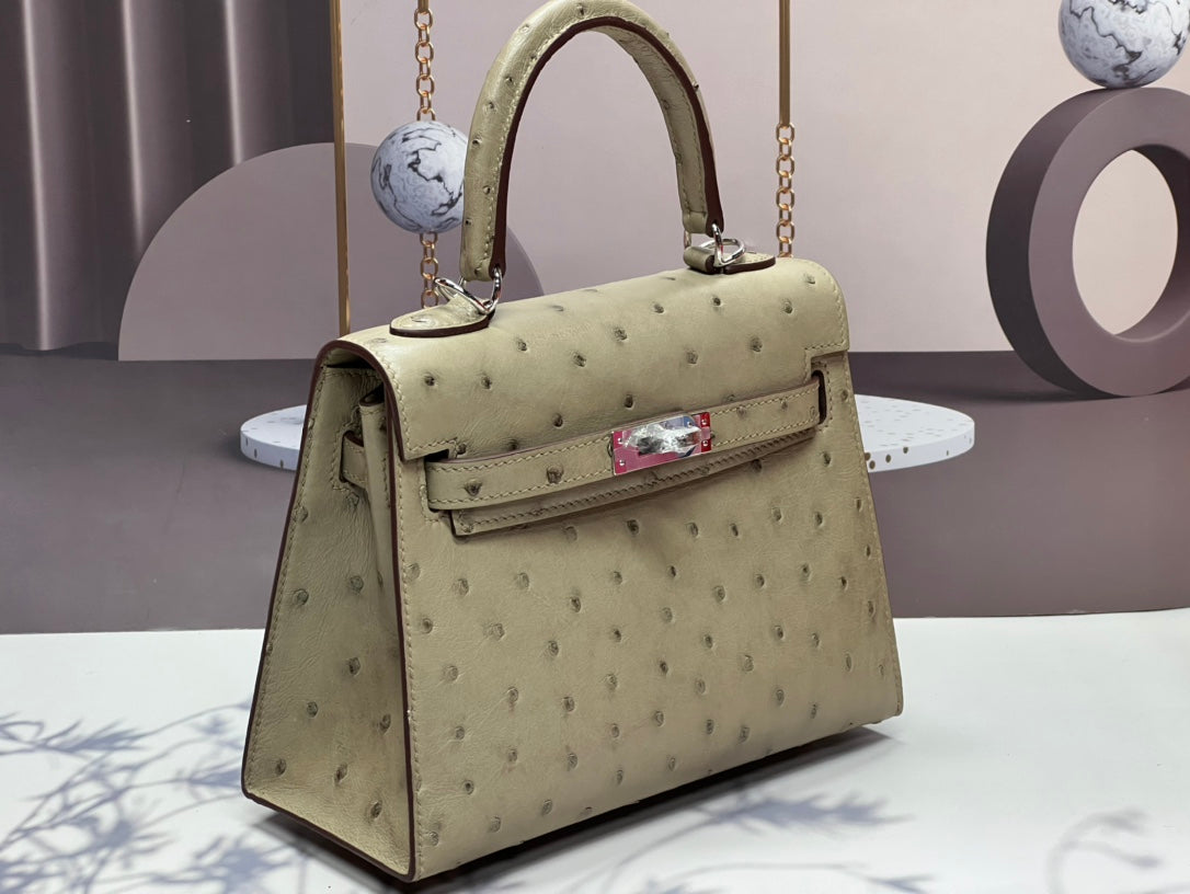 HERMES KELLY BAG 20 IN KHAKI TAN OSTRICH LEATHER WITH SILVER HARDWARE