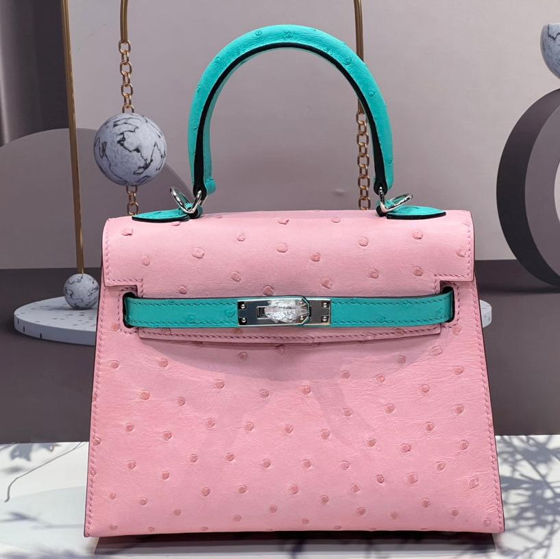 HERMES KELLY BAG 20 IN FLAMINGO PINK MIX CYAN BLUE OSTRICH LEATHER WITH SILVER HARDWARE