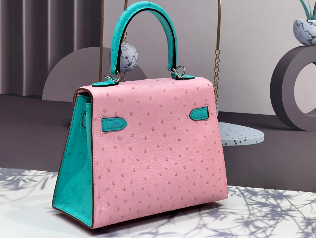 HERMES KELLY BAG 20 IN FLAMINGO PINK MIX CYAN BLUE OSTRICH LEATHER WITH SILVER HARDWARE