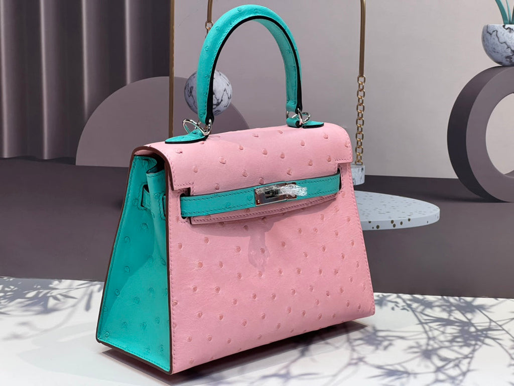 HERMES KELLY BAG 20 IN FLAMINGO PINK MIX CYAN BLUE OSTRICH LEATHER WITH SILVER HARDWARE