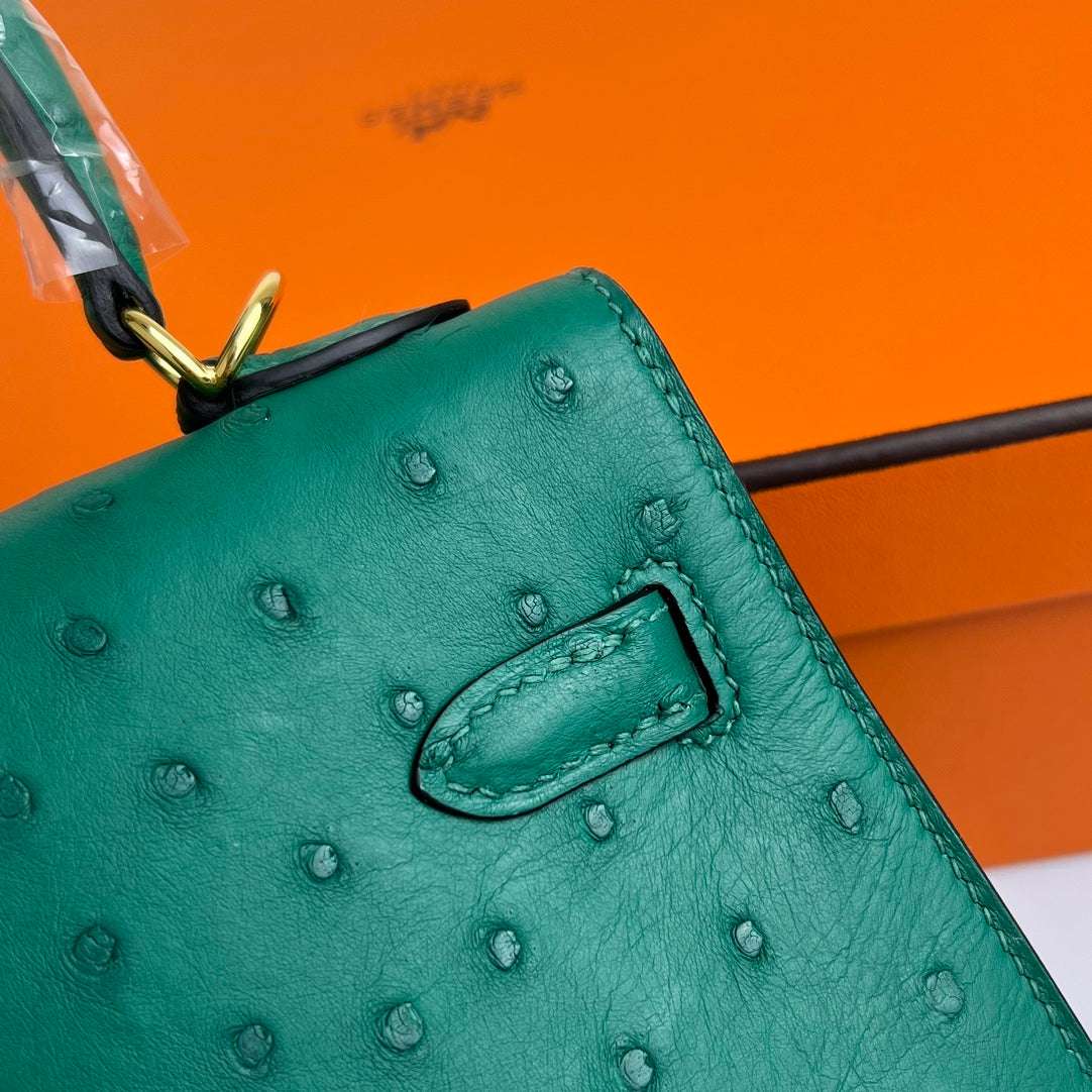 HERMES KELLY BAG 20 IN TEAL GREEN OSTRICH LEATHER WITH GOLD HARDWARE