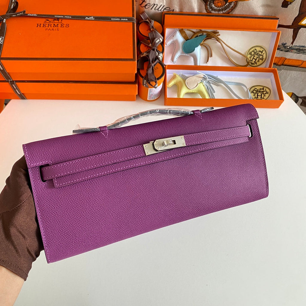 HERMES KELLY CUT 31 IN VIOLET PURPLE CALFSKIN WITH SILVER HARDWARE