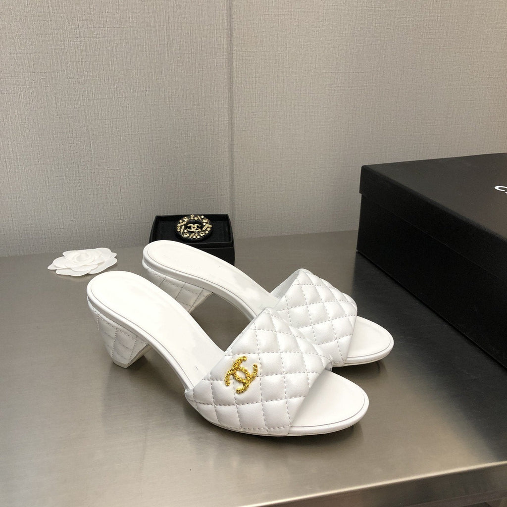 CHANEL rev cone heel mule slide sandal white quilted lambskin 6cm