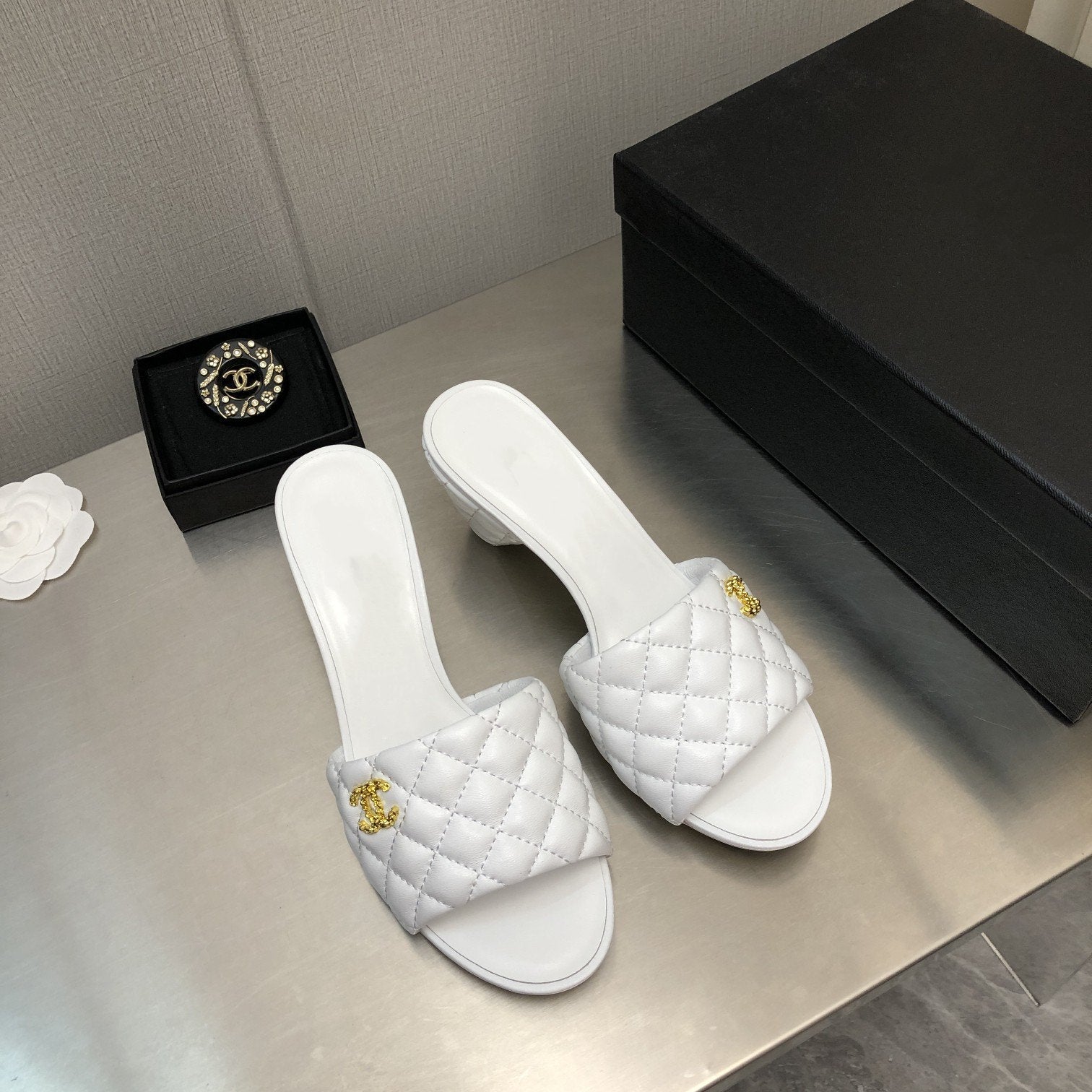 CHANEL rev cone heel mule slide sandal white quilted lambskin 6cm