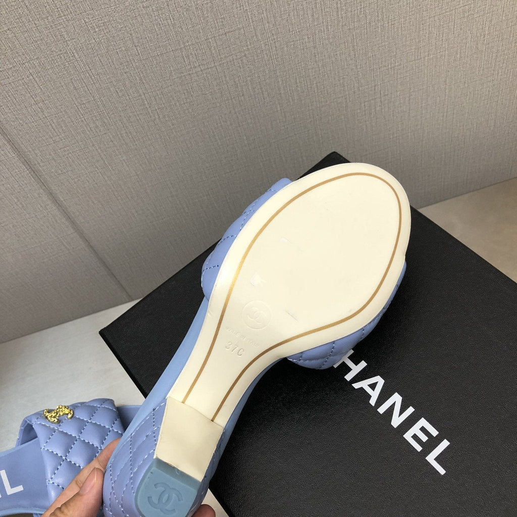 CHANEL rev cone heel mule slide sandal cloud blue quilted lambskin 6cm