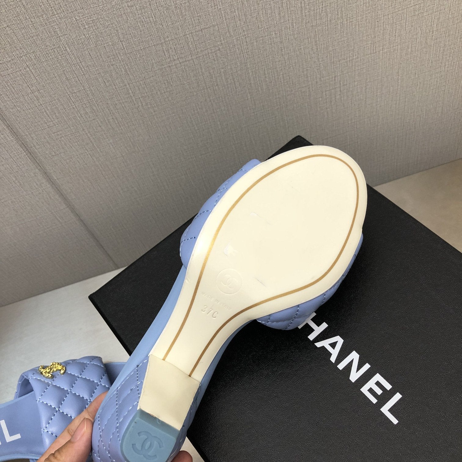 CHANEL rev cone heel mule slide sandal cloud blue quilted lambskin 6cm