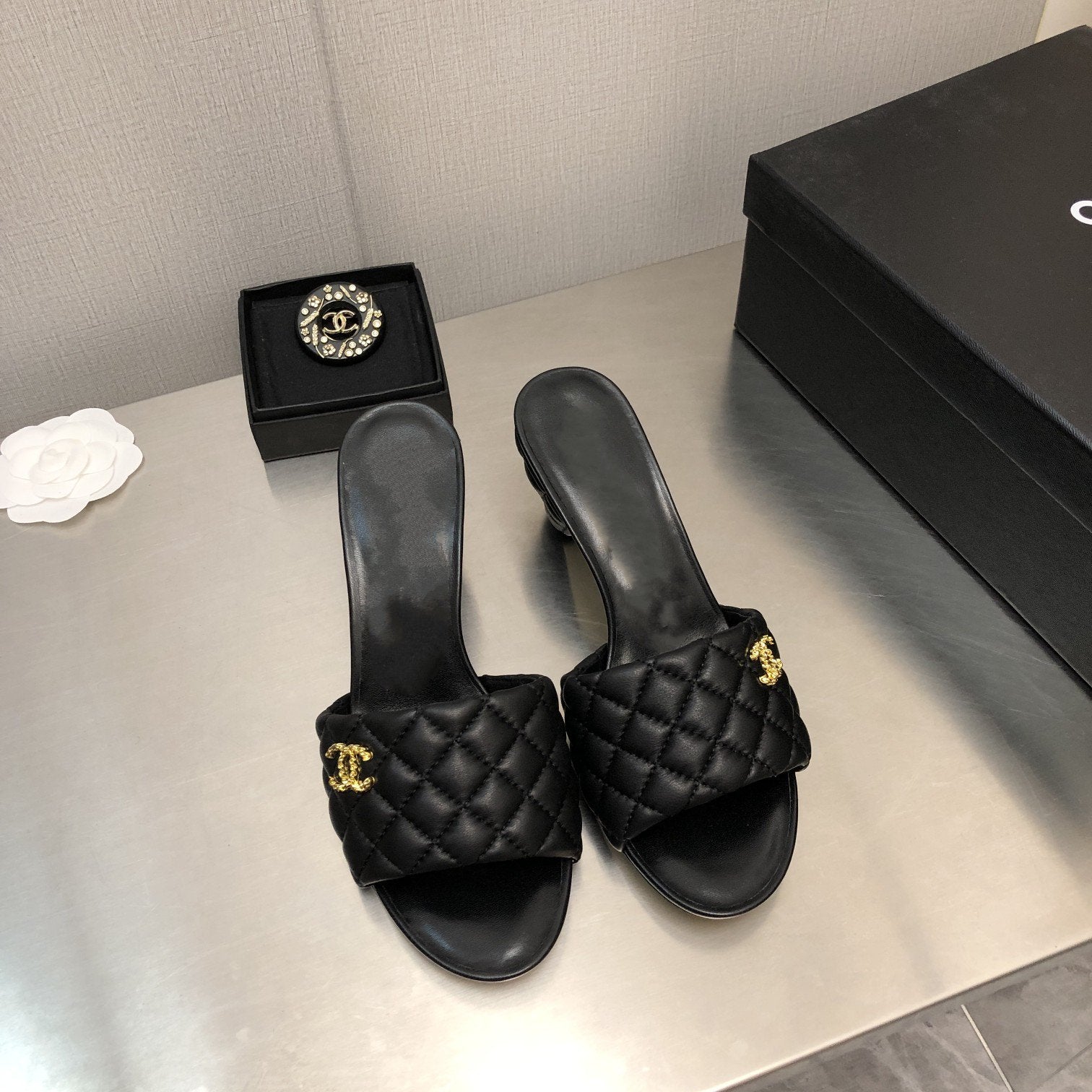 CHANEL rev cone heel mule slide sandal black quilted lambskin 6cm