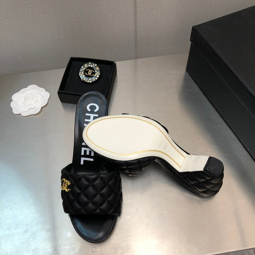 CHANEL rev cone heel mule slide sandal black quilted lambskin 6cm