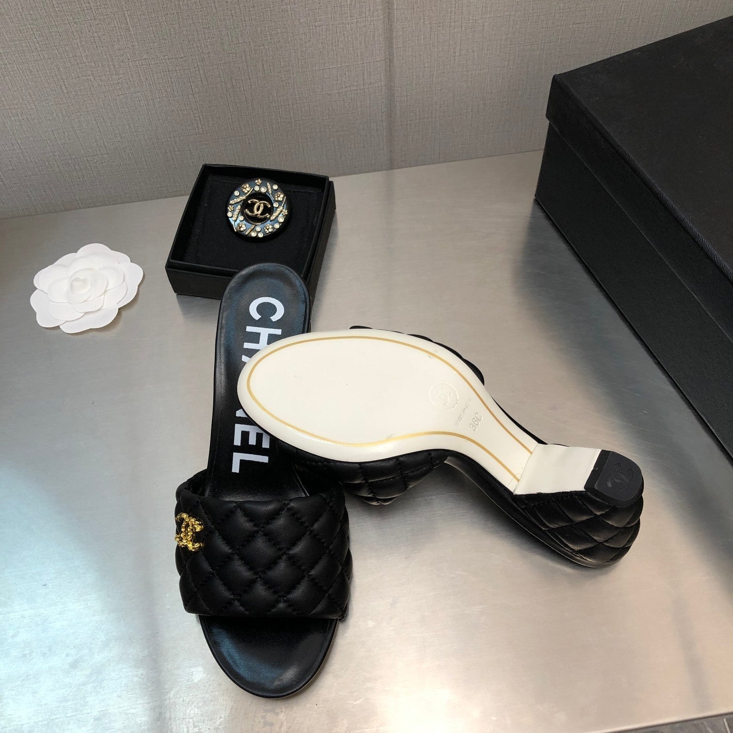 CHANEL rev cone heel mule slide sandal black quilted lambskin 6cm