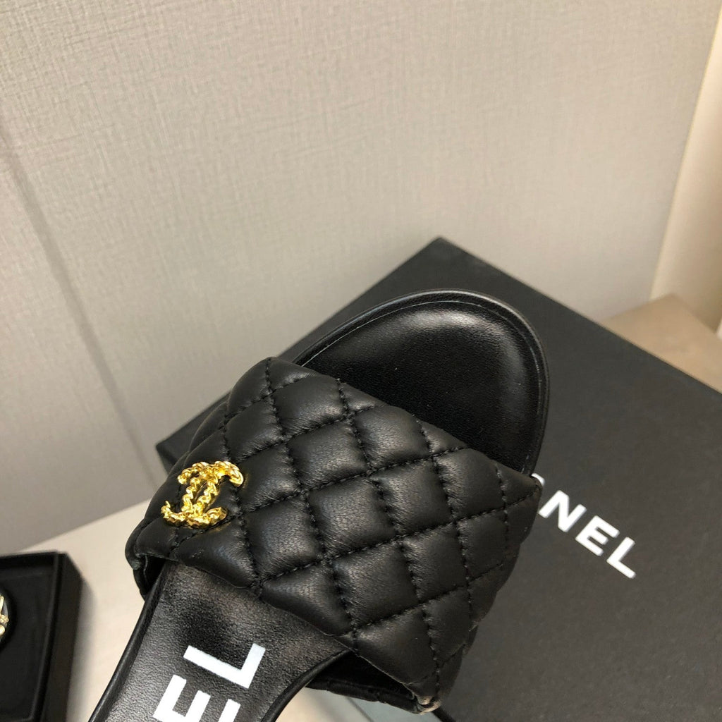 CHANEL rev cone heel mule slide sandal black quilted lambskin 6cm
