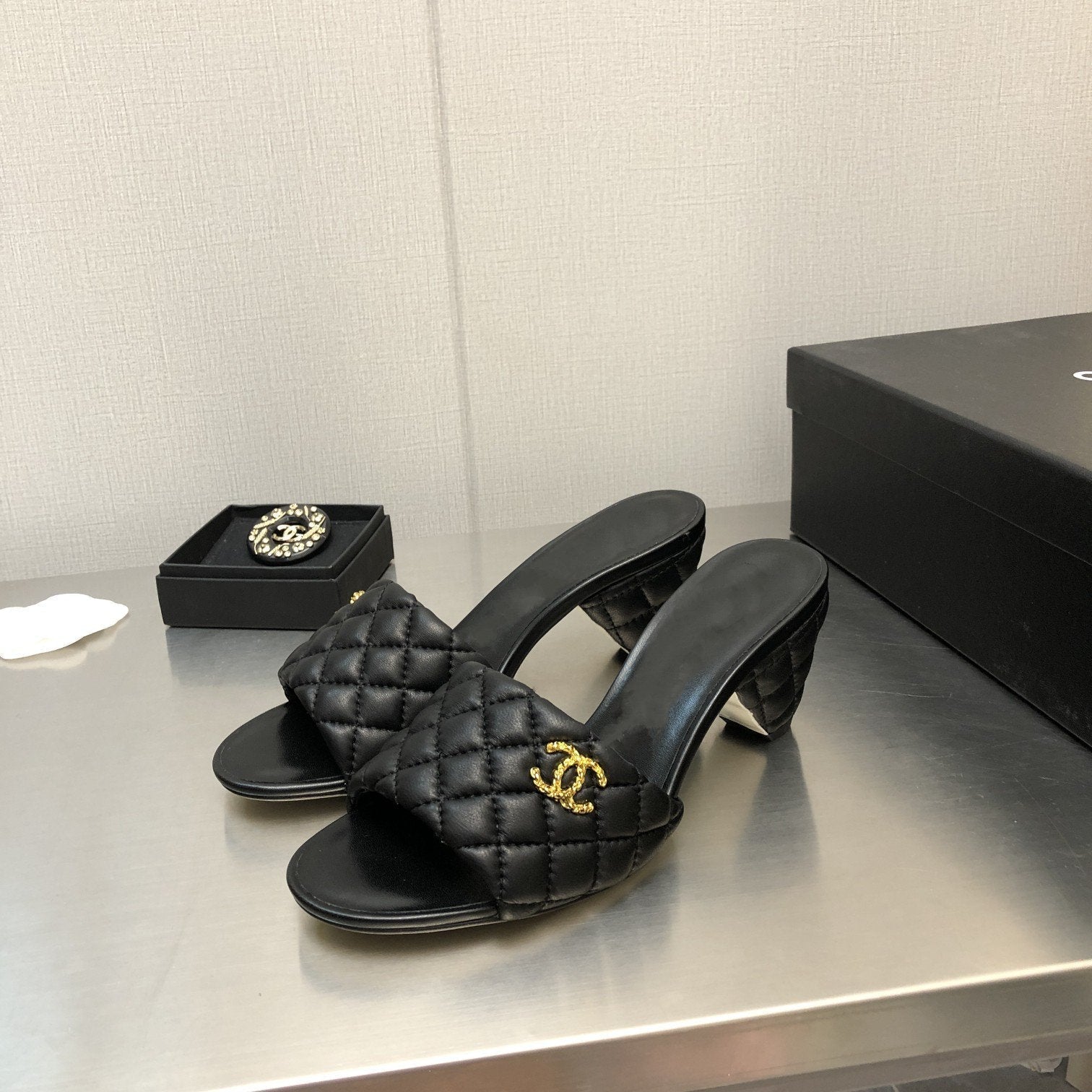 CHANEL rev cone heel mule slide sandal black quilted lambskin 6cm