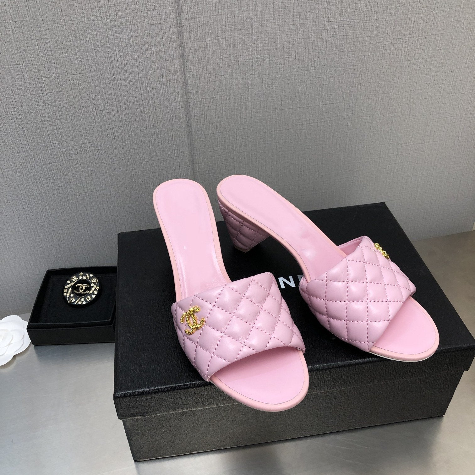 CHANEL rev cone heel mule slide sandal pink quilted lambskin 6cm