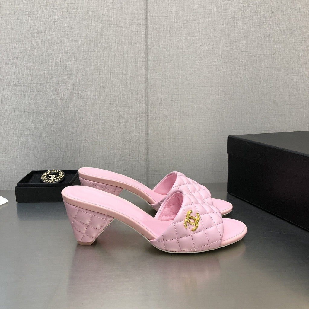 CHANEL rev cone heel mule slide sandal pink quilted lambskin 6cm