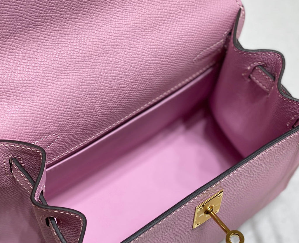 HERMES KELLY MINI 20 BAG IN BABY PINK CALFSKIN WITH GOLD HARDWARE