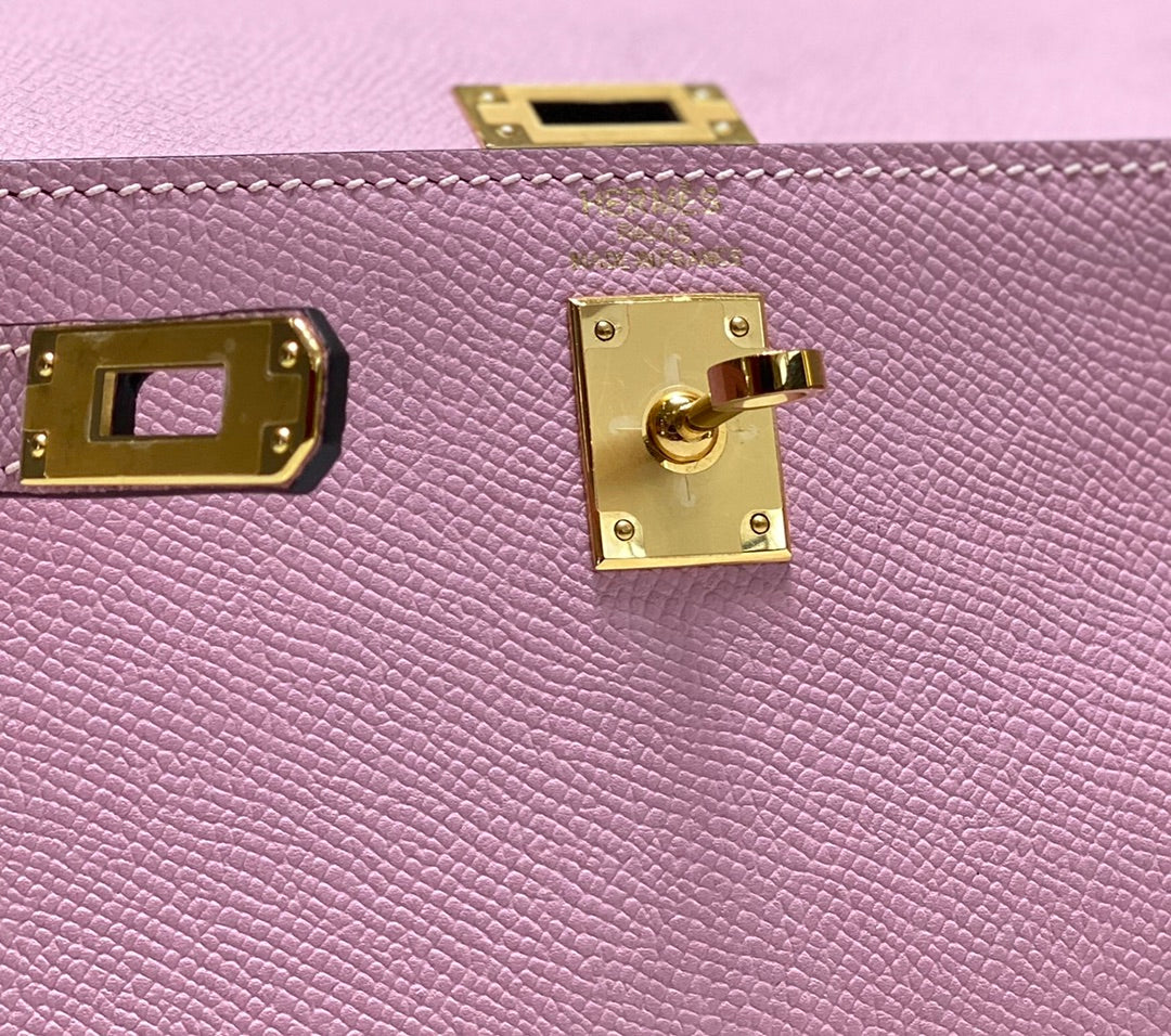 HERMES KELLY MINI 20 BAG IN BABY PINK CALFSKIN WITH GOLD HARDWARE