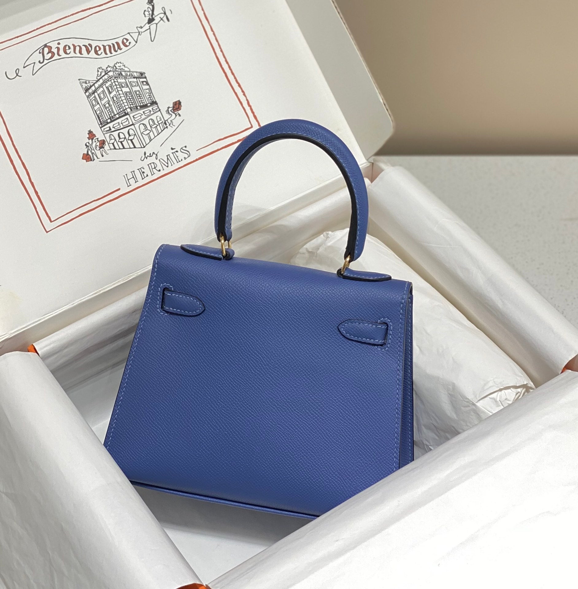 HERMES KELLY MINI 20 BAG IN AZURE BLUE CALFSKIN WITH GOLD HARDWARE