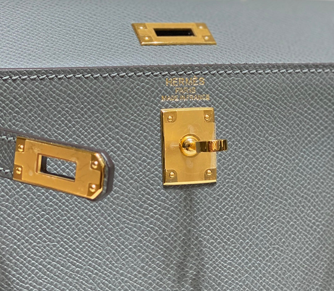 HERMES KELLY MINI 20 BAG IN SHARK GRAY CALFSKIN WITH GOLD HARDWARE