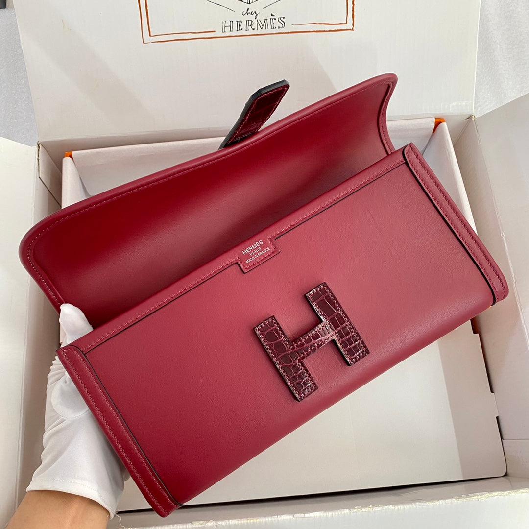 HERMES JIGE ELAN 29 CLUTCH IN CHERRY RED CALFSKIN WITH WINE RED LIZARD SKIN