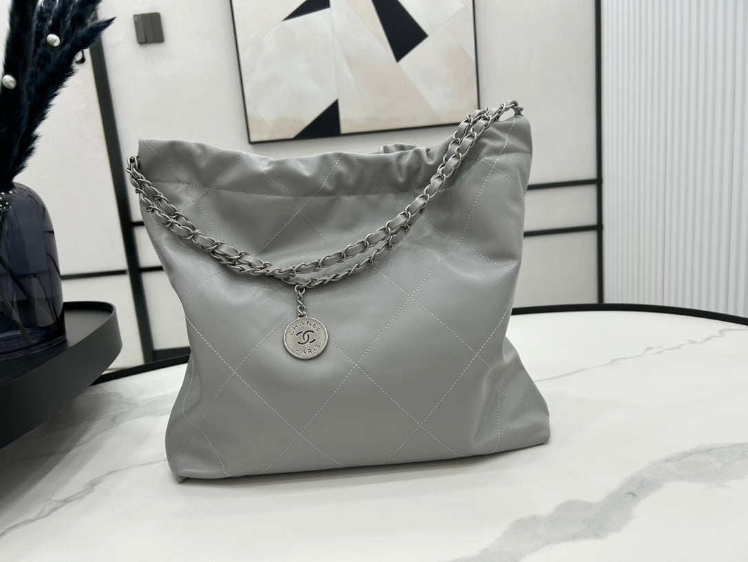 CHANEL LARGE 42 HANDBAG IN GREY CALFSKIN SILVER HARDWARE